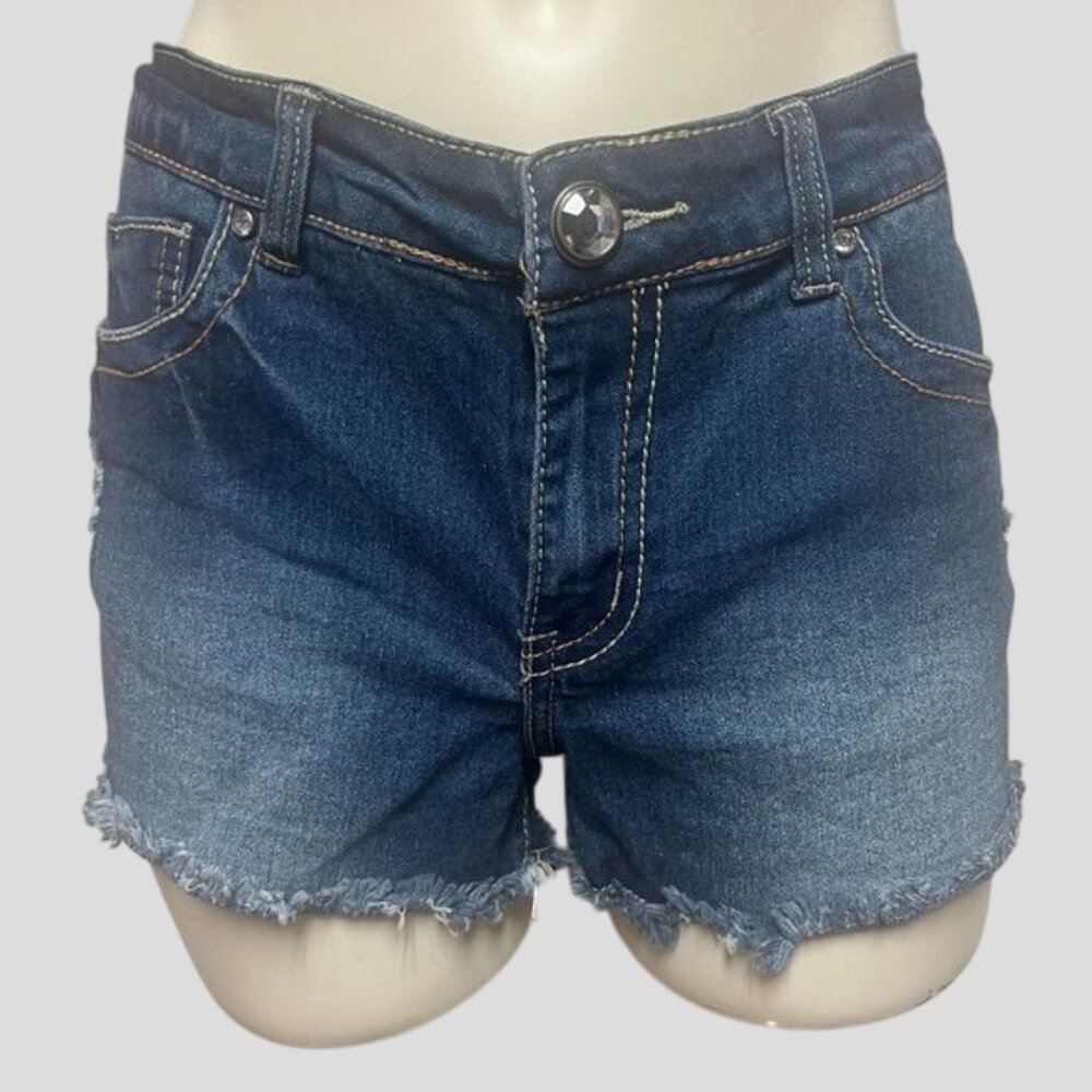 Red Rivet Denim Shorts Frayed Hem